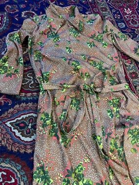 70s Style Long Sleeve Floral Maxi Duster Dress | Kelly Green Pink